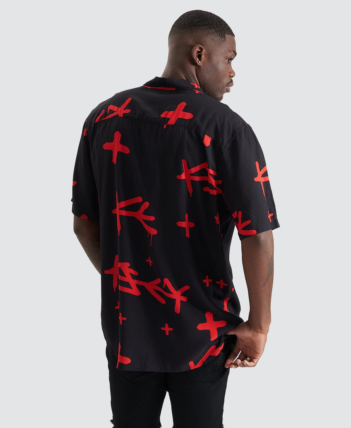 red t shirt with black print