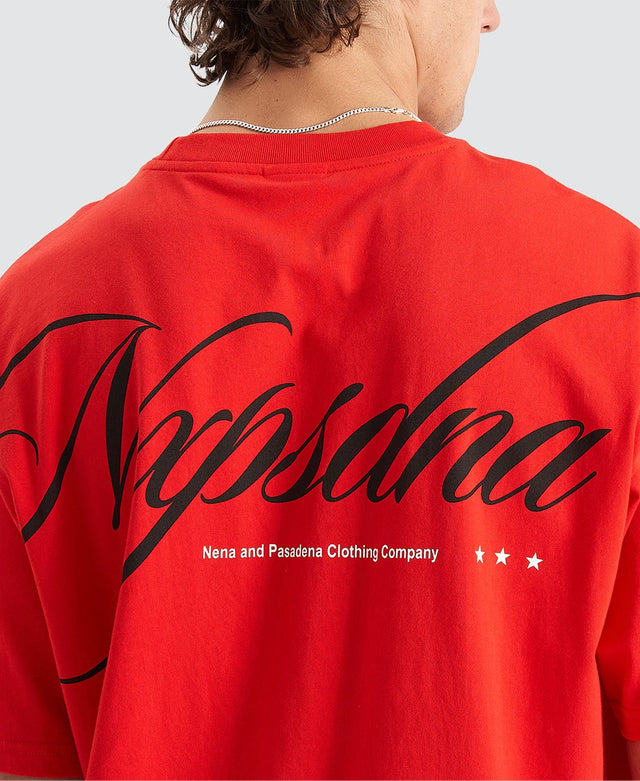 Nena & Pasadena Encrypted Heavy Box Fit Scoop T-Shirt Poppy Red