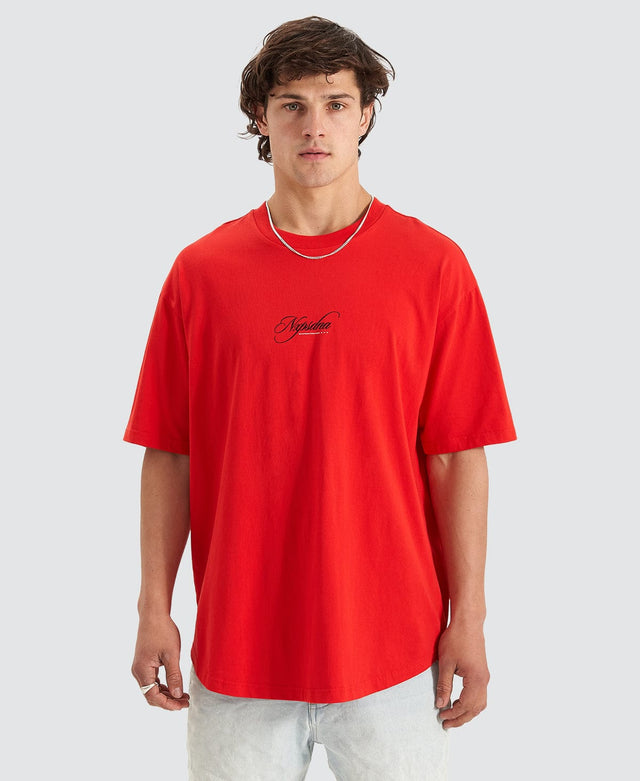 Nena & Pasadena Encrypted Heavy Box Fit Scoop T-Shirt Poppy Red