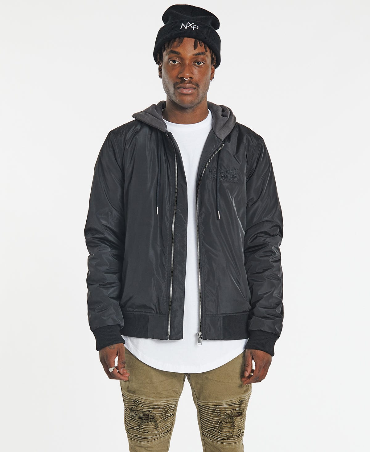 Black bomber jacket with grey online hood