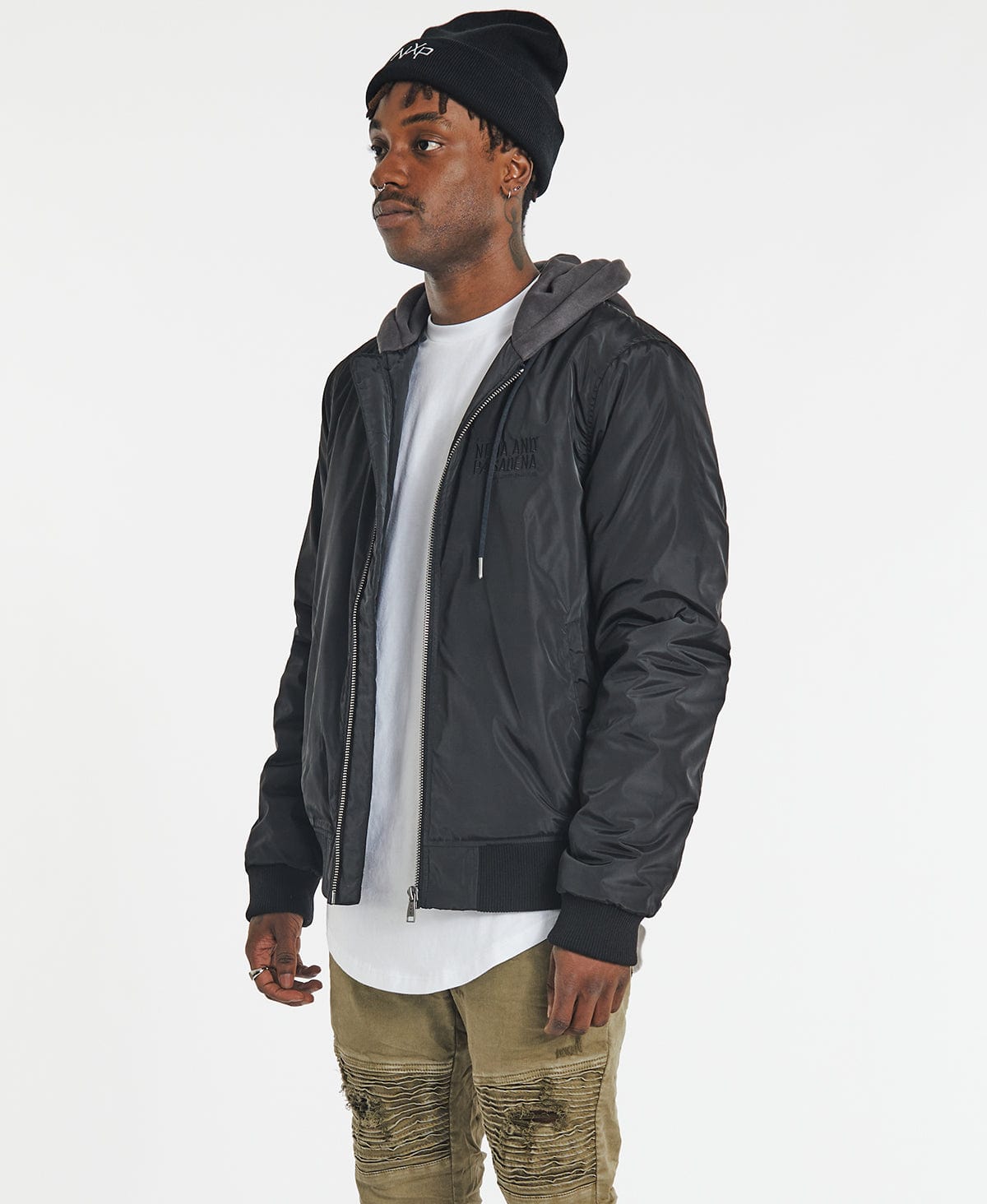 Black bomber jacket discount with grey hood