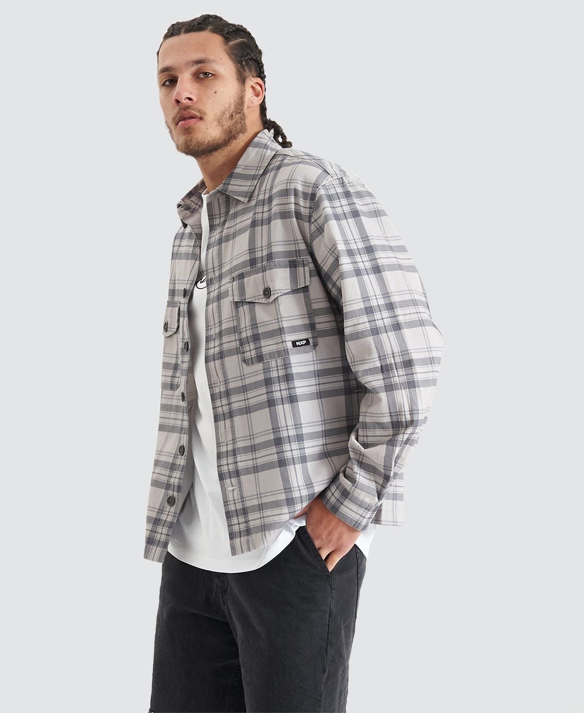 NXP Solid Relaxed Overshirt in Grey Check - Neverland Store