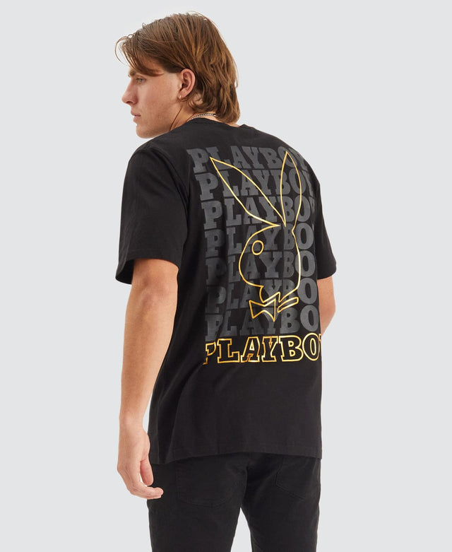 Playboy LINEAR CLASSIC BUNNY STACK ORIGNAL FIT S/S TEE - Washed Black BLACK
