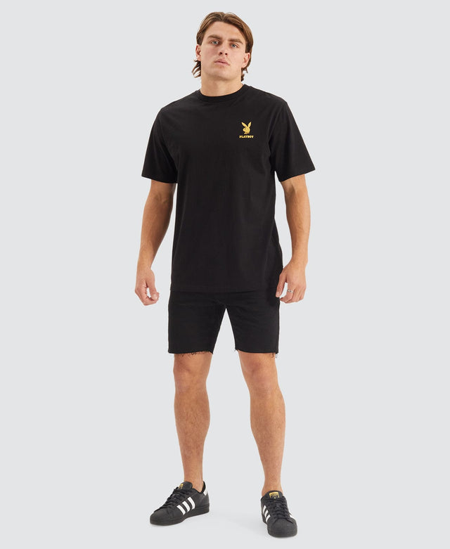 Playboy LINEAR CLASSIC BUNNY STACK ORIGNAL FIT S/S TEE - Washed Black BLACK