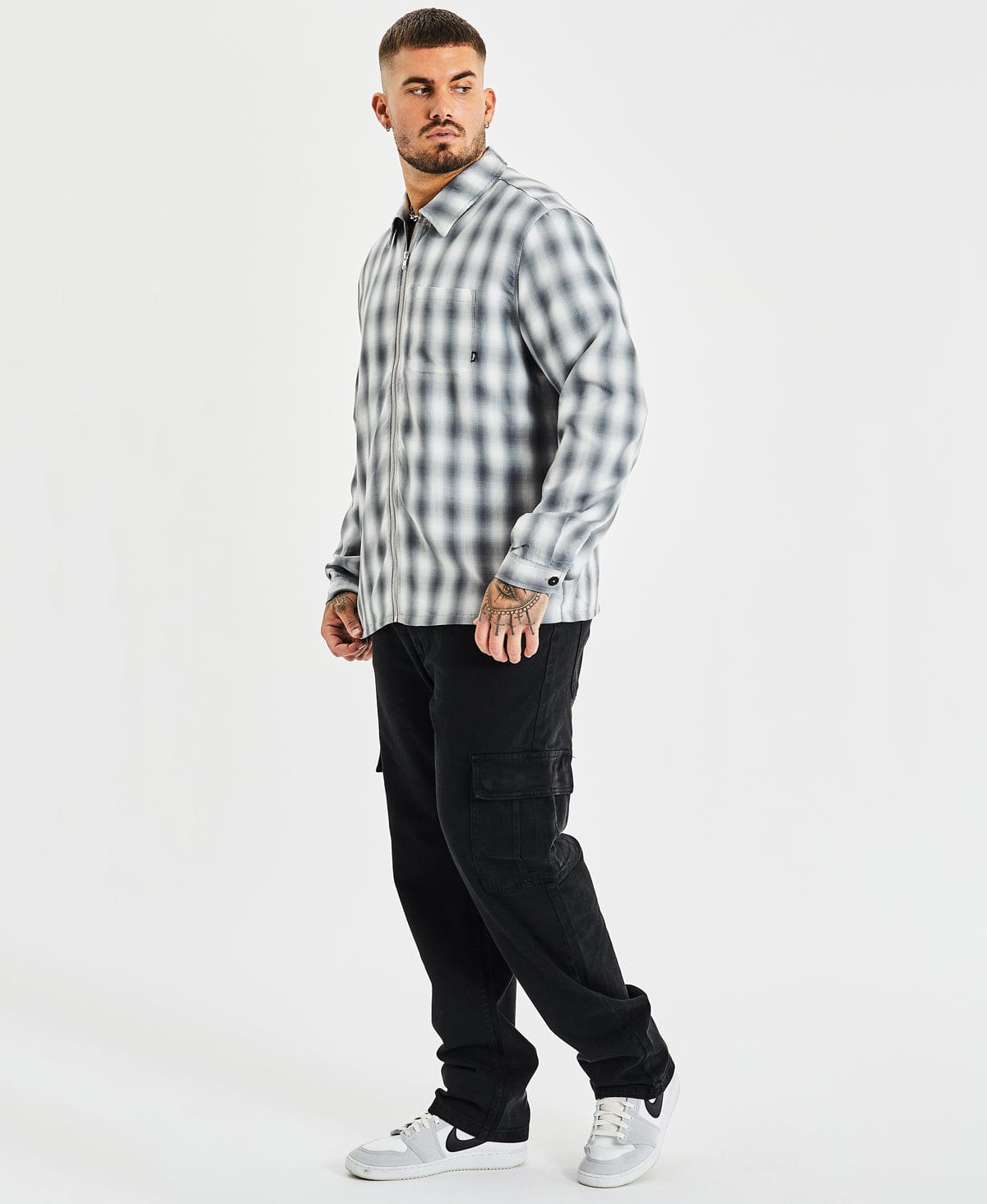 Shadow Plaid Zip Up Long Sleeve Shirt Check – Neverland Store