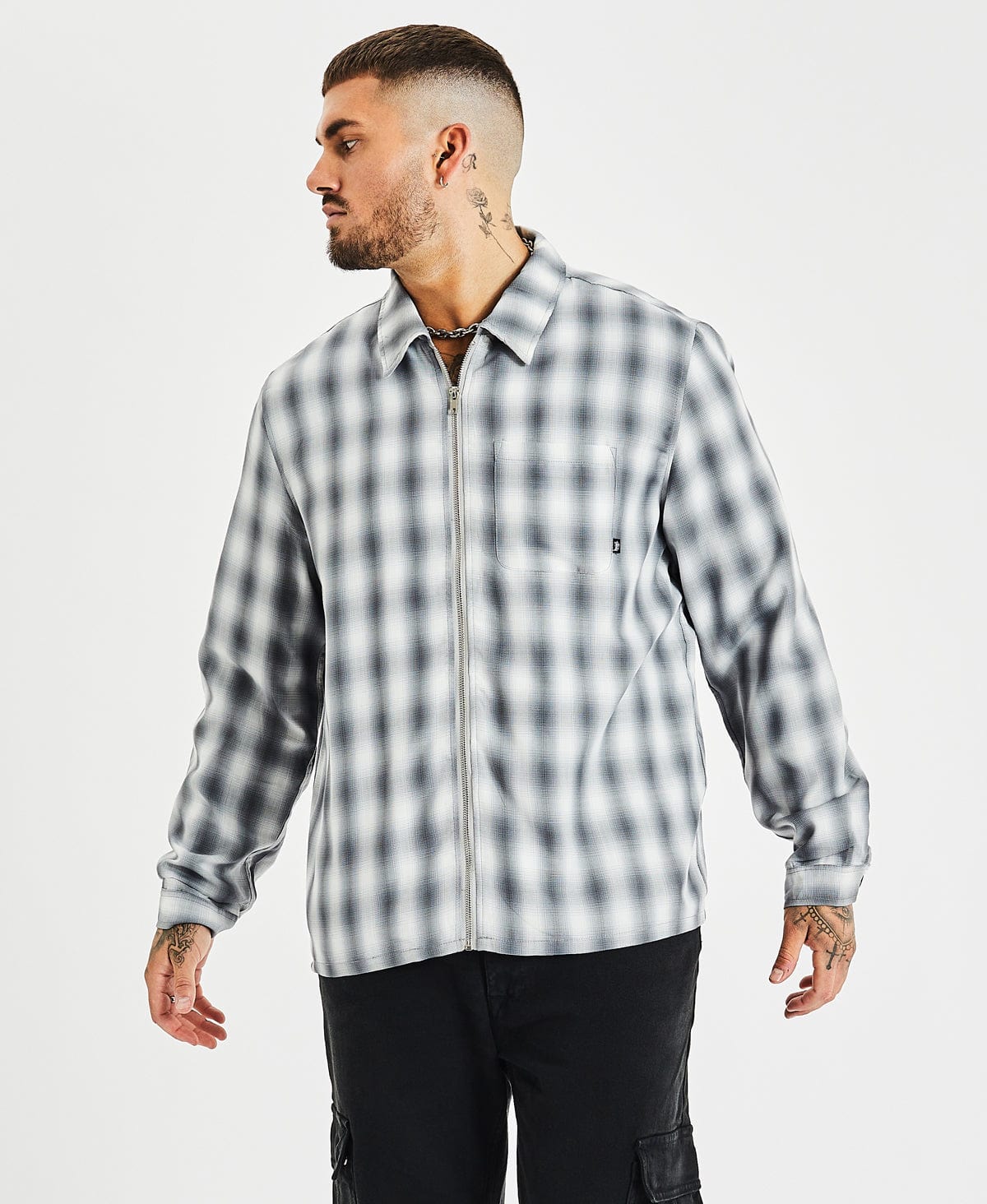 Shadow Plaid Zip Up Long Sleeve Shirt Check – Neverland Store
