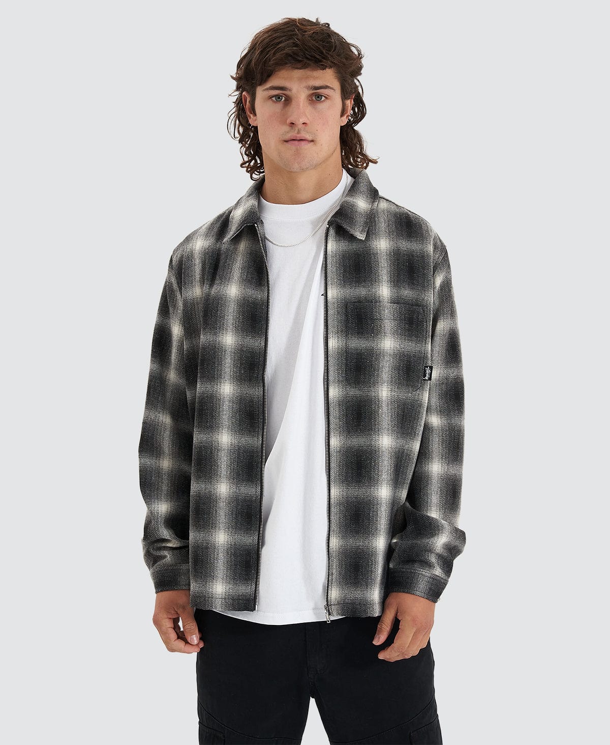 Shadow Plaid Zip Up Shirt Black – Neverland Store