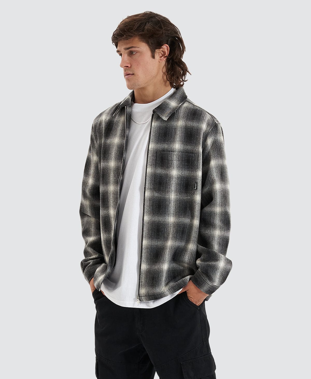 Shadow Plaid Zip Up Shirt Black – Neverland Store