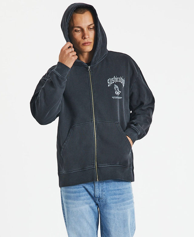 Sushi Radio Striker Relaxed Zip Up Hooded Jacket Pigment Black