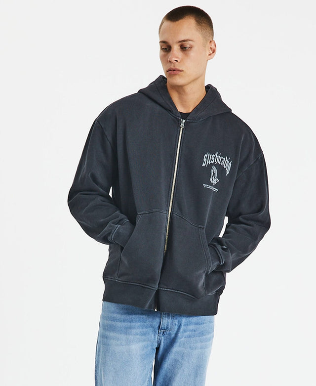 Sushi Radio Striker Relaxed Zip Up Hooded Jacket Pigment Black