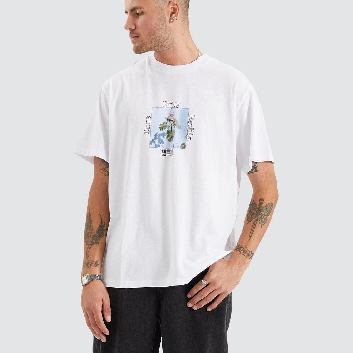 Come Enjoy Reality Merch Fit T-Shirt White | Neverland Store