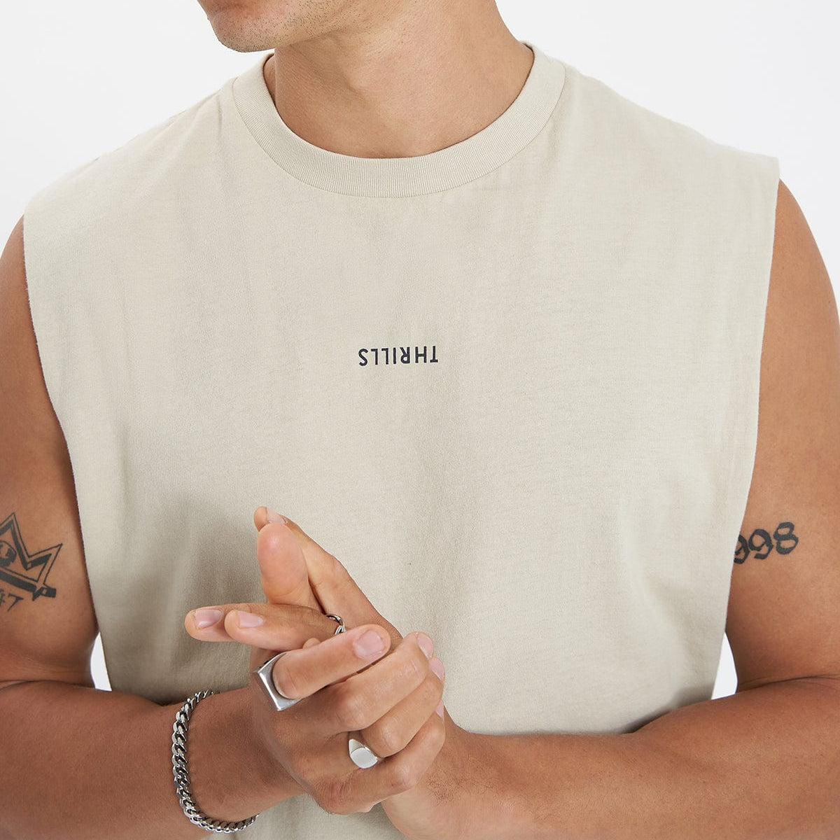 Minimal Thrills Merch Fit Muscle Tee Oatmeal | Neverland | Neverland Store