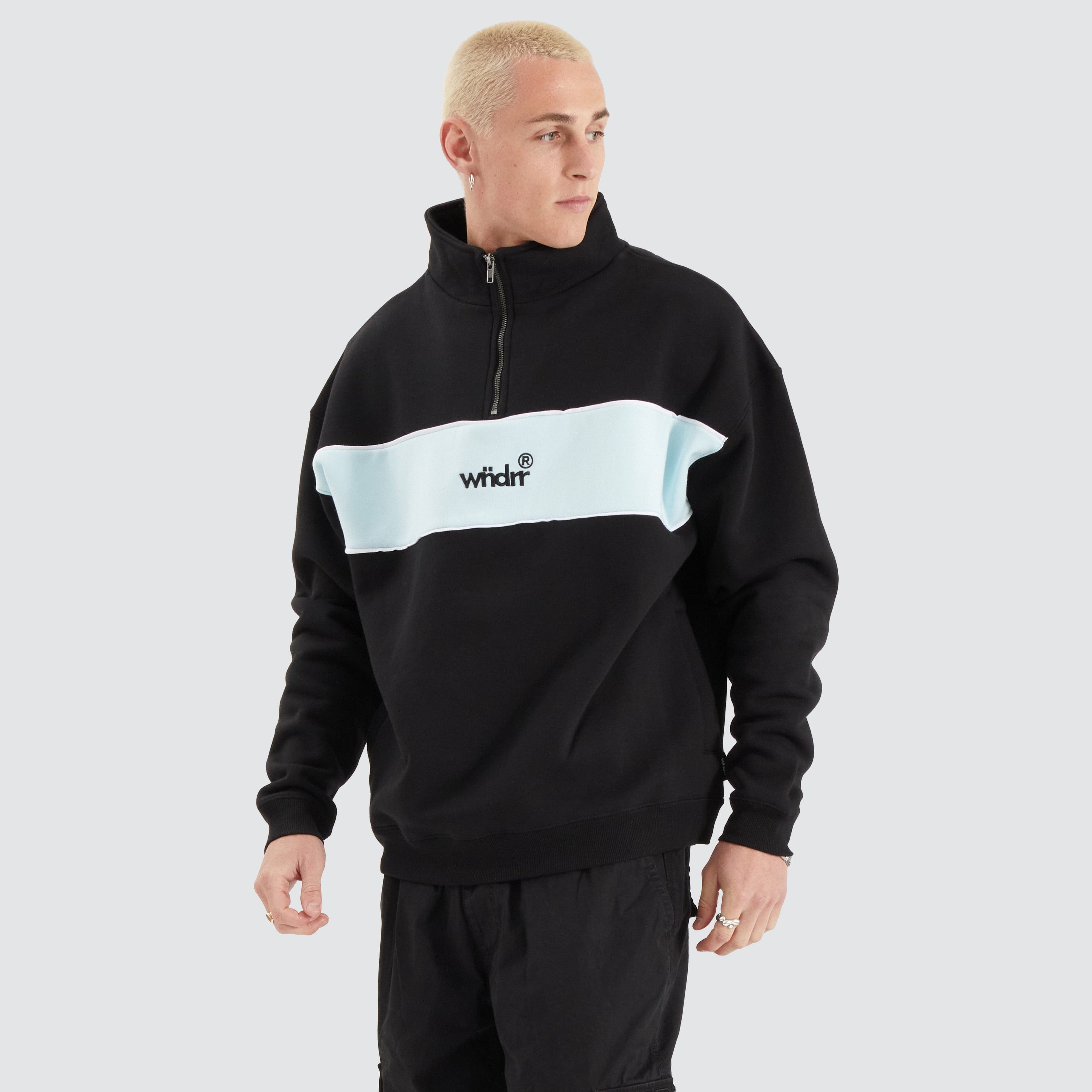 WNDRR Offcut Quarter Zip Sweater in Black/Blue | Neverland