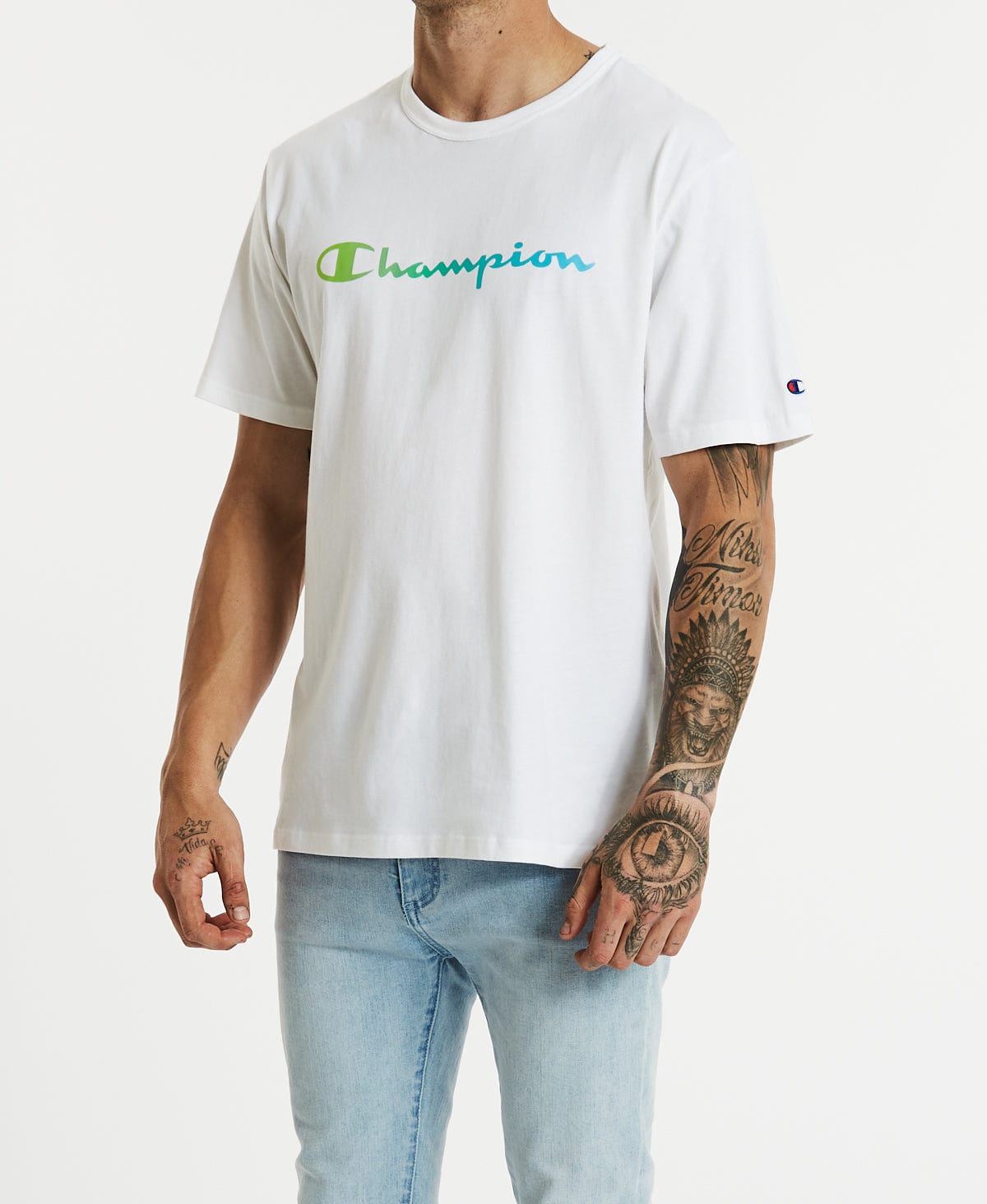 Champion white 2025 script tee