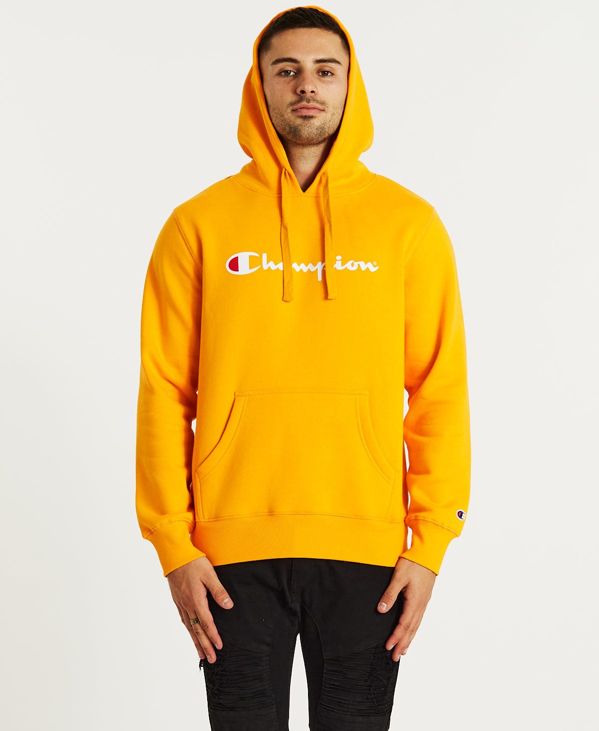 Champion script hoodie on sale black and gold