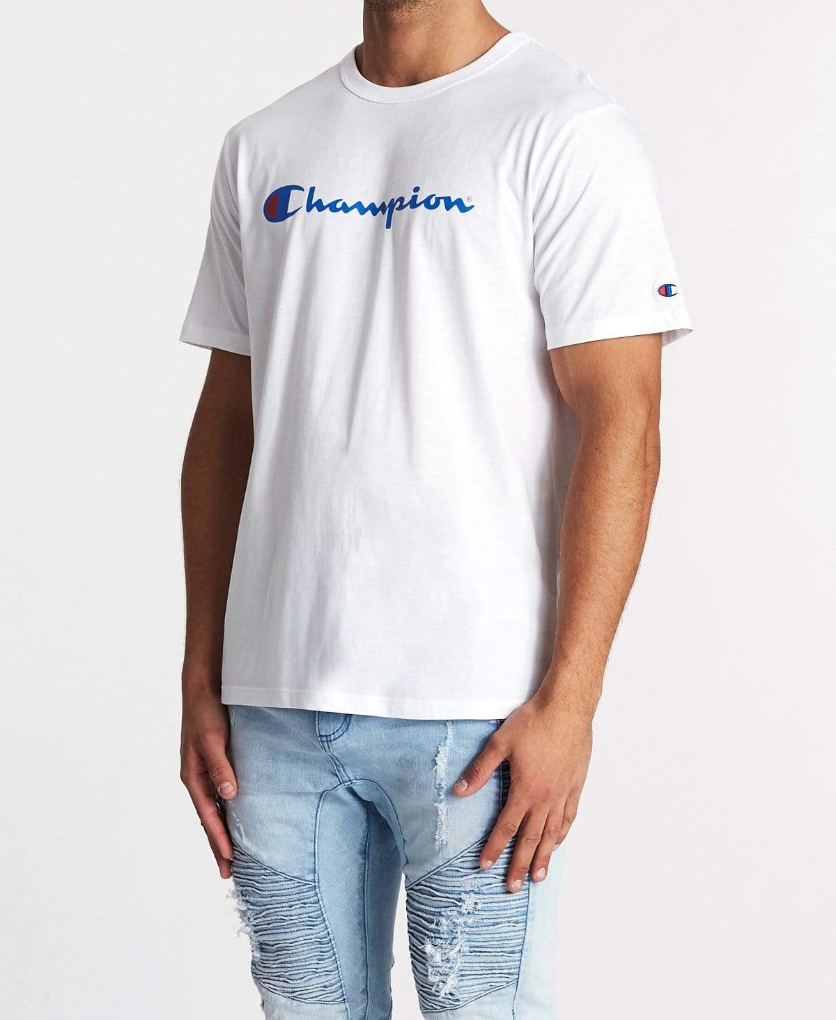 Champion script white t shirt sale