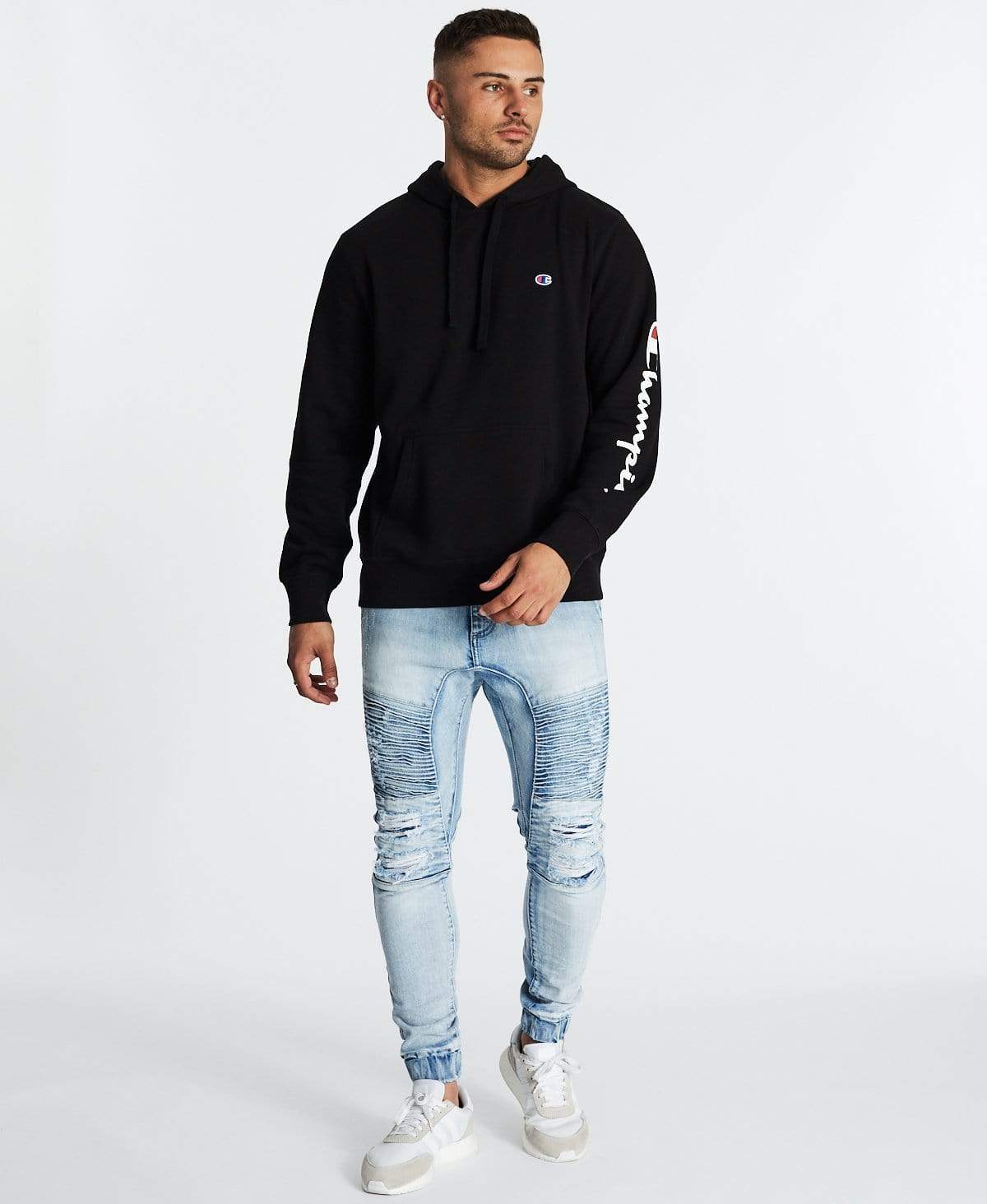 Champion sweater black 2025 and white jeans