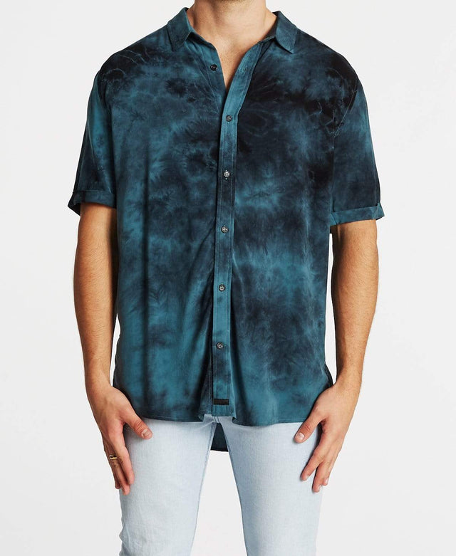Kiss Chacey Whitewash Relaxed Short Sleeve Shirt Tie Dye Blue/Black