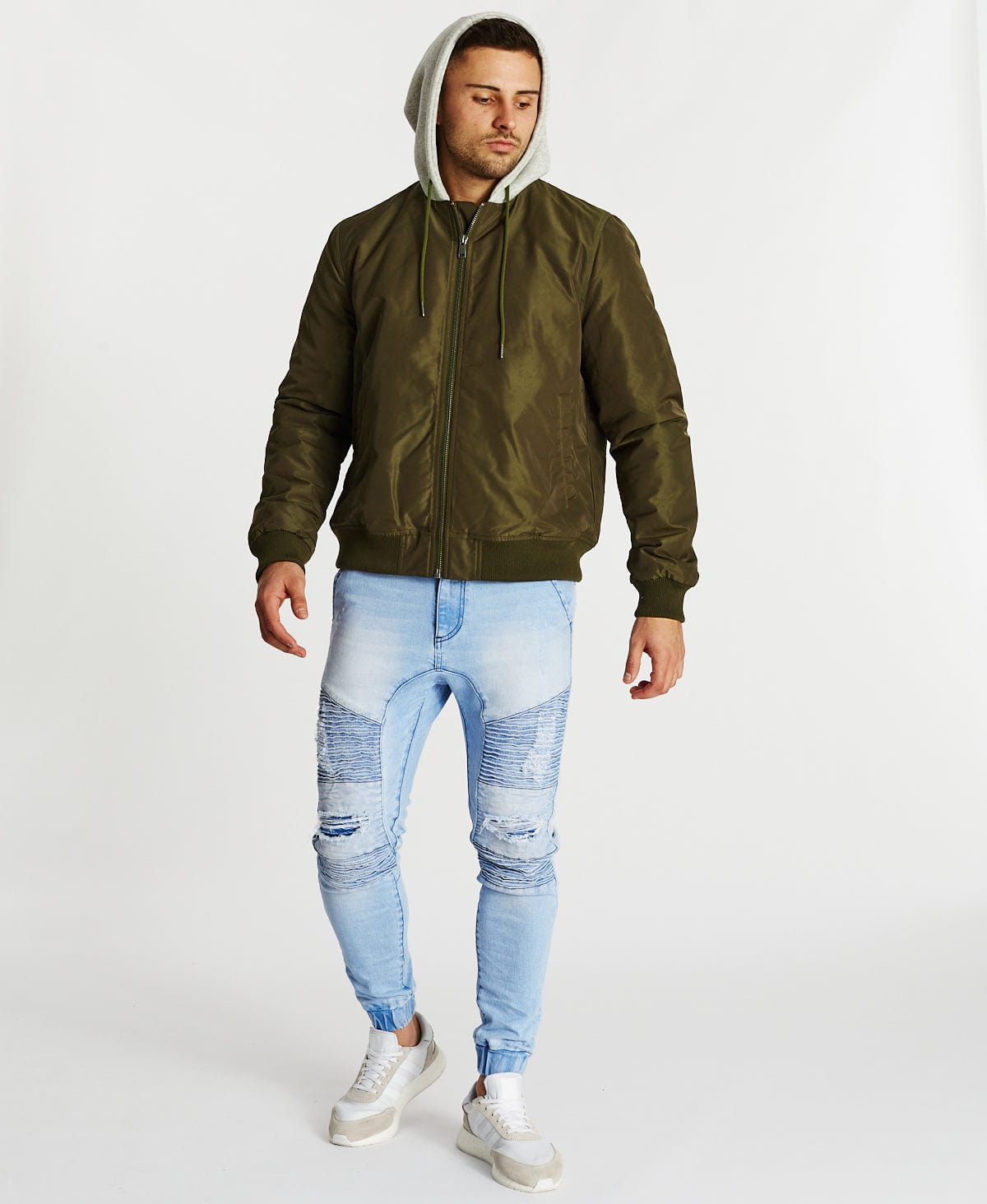 Green bomber jacket hot sale with grey hood