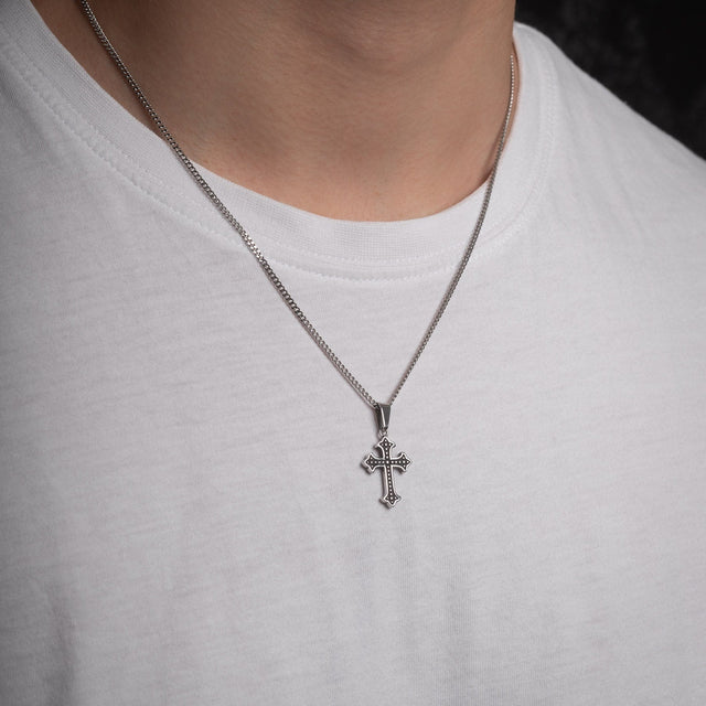 Statement French Cross Pendant Cable Chain Necklace Silver 3mm